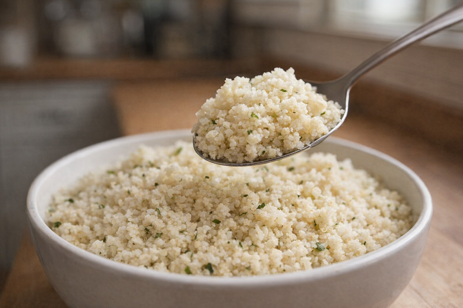 A close-up shot of cauliflower rice in a bowl, showing the texture and color, with a spoon scooping some out.